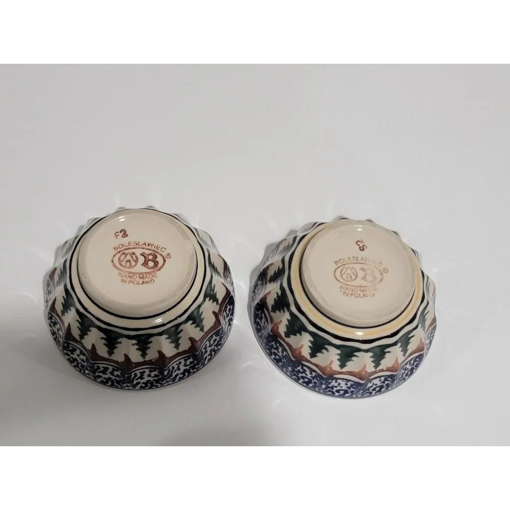 2x Boleslawiec Polish Pottery Ramekin Bowl Christmas Tree‎ Stars Pine Boughs